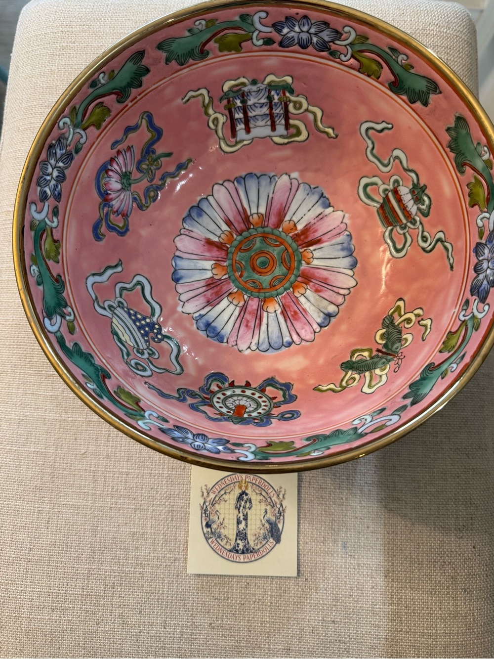 Vintage Macau Pink Famille Rose Enamel Bowl Eight Buddhist Symbols